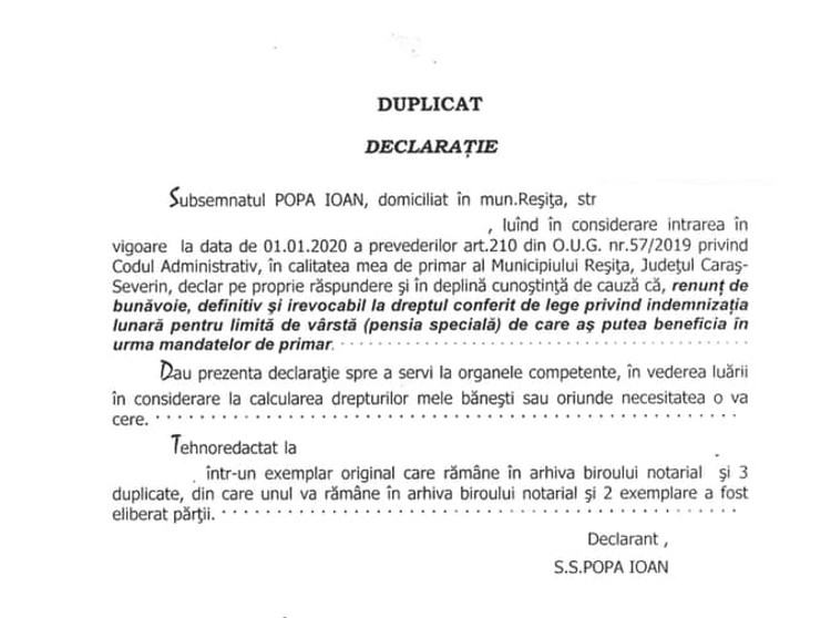 Primarul Reşiţei renunţă la privilegiul de a beneficia de pensie specială. În acest sens, Popa a semnat o declaraţie la notar! 1 DUPLICAT